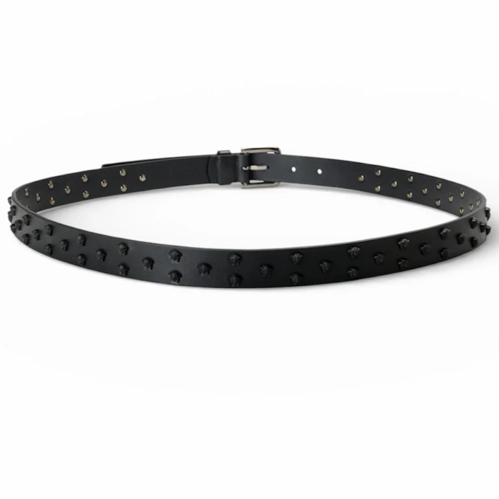 Versace Black Leather Skinny Belt with Medusa Studs